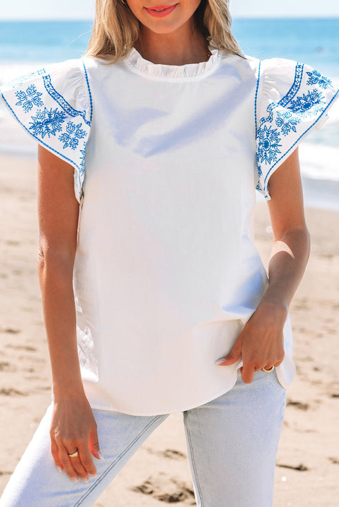 Embroidered Cotton Ruffle Sleeve Frilled Collar Woven Blouse