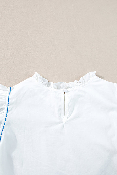 Embroidered Cotton Ruffle Sleeve Frilled Collar Woven Blouse