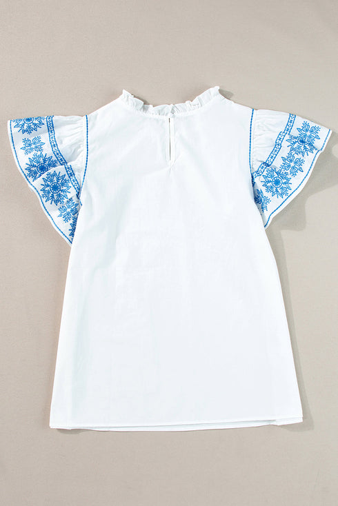 Embroidered Cotton Ruffle Sleeve Frilled Collar Woven Blouse