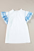 Embroidered Cotton Ruffle Sleeve Frilled Collar Woven Blouse