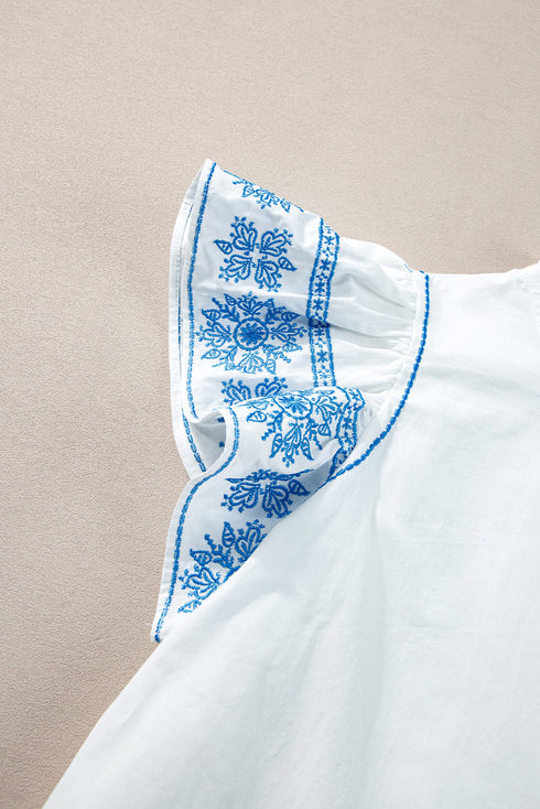 Embroidered Cotton Ruffle Sleeve Frilled Collar Woven Blouse