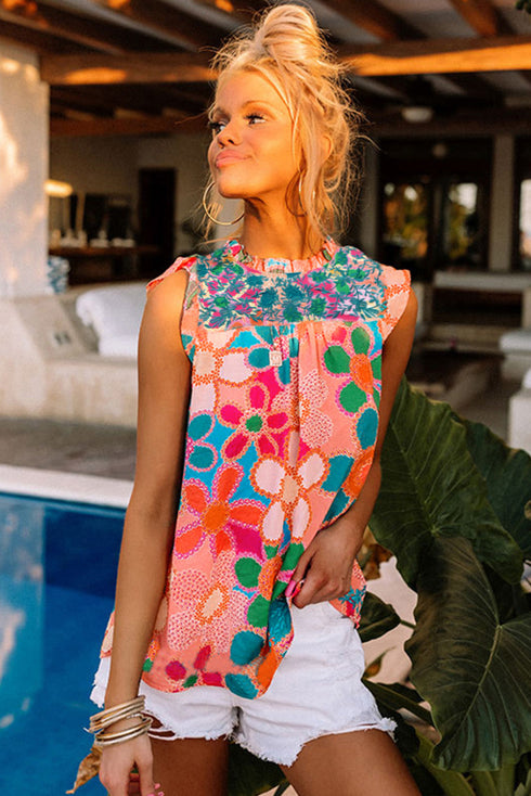 Embroidered Detail Floral Print Ruffle Trim Tank Top