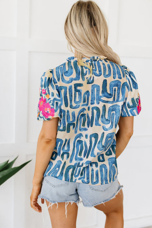 Embroidered Detail Puff Sleeve Frilled Neck Abstract Print Blouse
