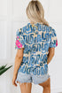 Embroidered Detail Puff Sleeve Frilled Neck Abstract Print Blouse