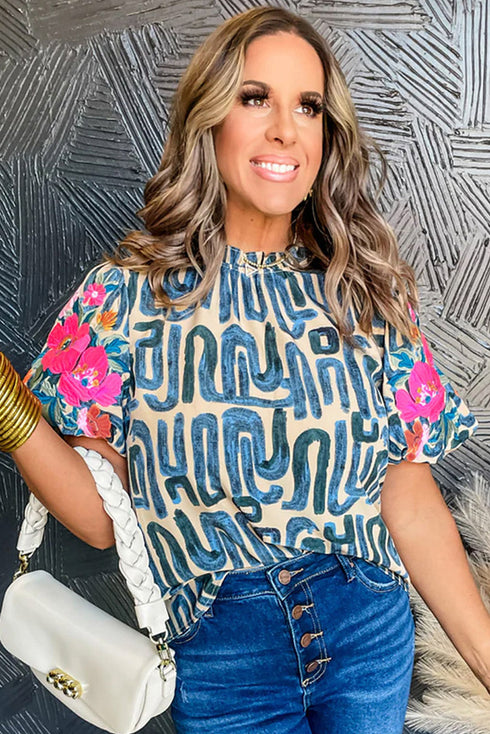 Embroidered Detail Puff Sleeve Frilled Neck Abstract Print Blouse
