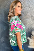 Embroidered Detail Puff Sleeve Frilled Neck Abstract Print Blouse