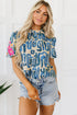 Embroidered Detail Puff Sleeve Frilled Neck Abstract Print Blouse