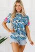 Embroidered Detail Puff Sleeve Frilled Neck Abstract Print Blouse