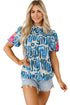Embroidered Detail Puff Sleeve Frilled Neck Abstract Print Blouse