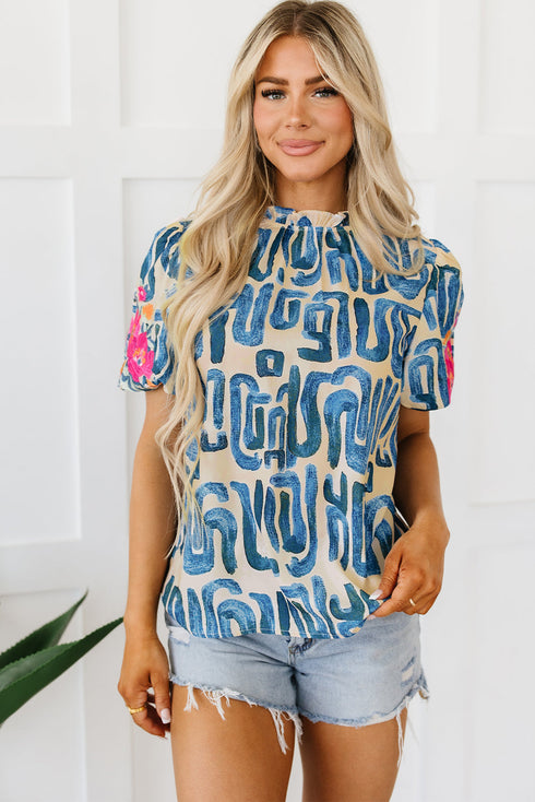Embroidered Detail Puff Sleeve Frilled Neck Abstract Print Blouse