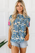 Embroidered Detail Puff Sleeve Frilled Neck Abstract Print Blouse