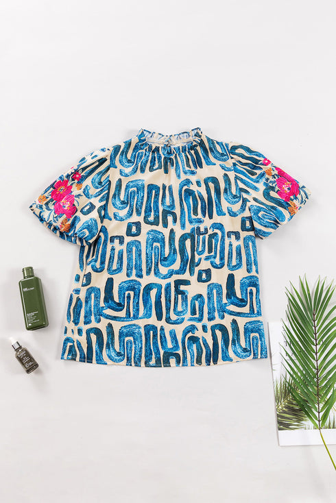 Embroidered Detail Puff Sleeve Frilled Neck Abstract Print Blouse