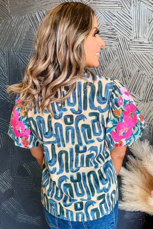 Embroidered Detail Puff Sleeve Frilled Neck Abstract Print Blouse