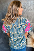 Embroidered Detail Puff Sleeve Frilled Neck Abstract Print Blouse
