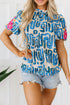 Embroidered Detail Puff Sleeve Frilled Neck Abstract Print Blouse