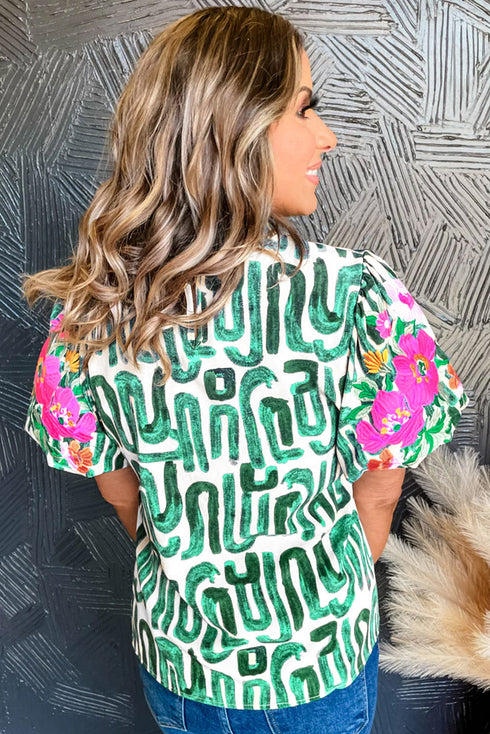 Embroidered Detail Puff Sleeve Frilled Neck Abstract Print Blouse