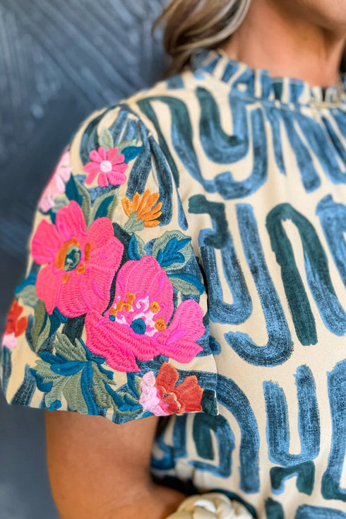 Embroidered Detail Puff Sleeve Frilled Neck Abstract Print Blouse