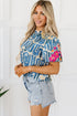 Embroidered Detail Puff Sleeve Frilled Neck Abstract Print Blouse