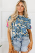 Embroidered Detail Puff Sleeve Frilled Neck Abstract Print Blouse