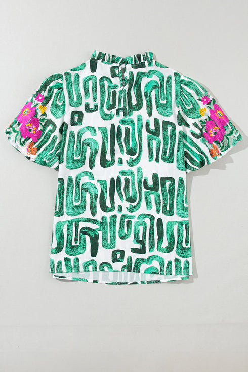Embroidered Detail Puff Sleeve Frilled Neck Abstract Print Blouse