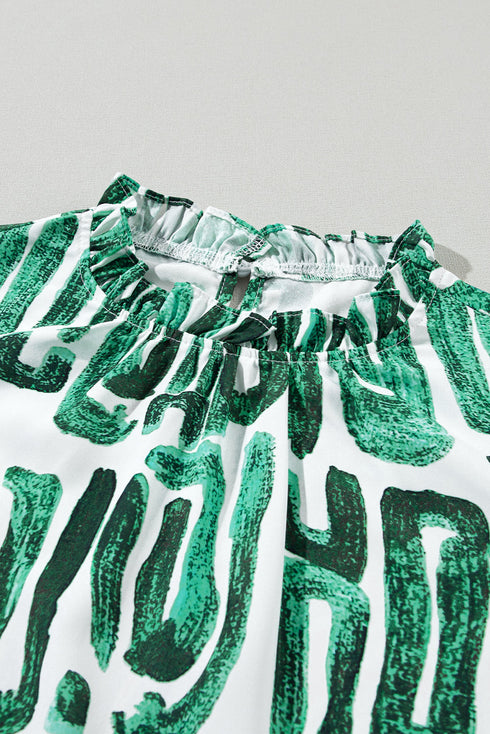 Embroidered Detail Puff Sleeve Frilled Neck Abstract Print Blouse