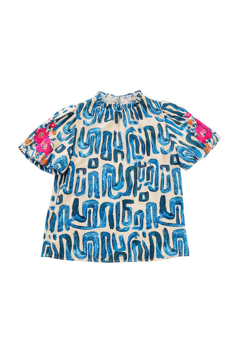 Embroidered Detail Puff Sleeve Frilled Neck Abstract Print Blouse