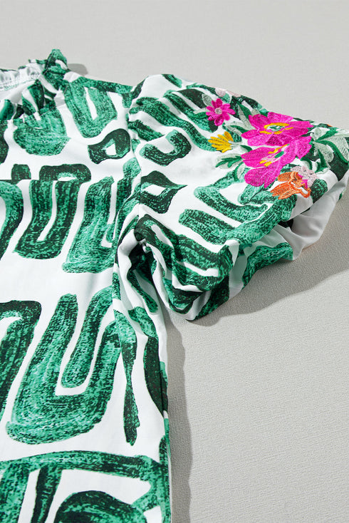 Embroidered Detail Puff Sleeve Frilled Neck Abstract Print Blouse