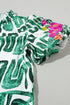 Embroidered Detail Puff Sleeve Frilled Neck Abstract Print Blouse