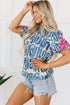 Embroidered Detail Puff Sleeve Frilled Neck Abstract Print Blouse