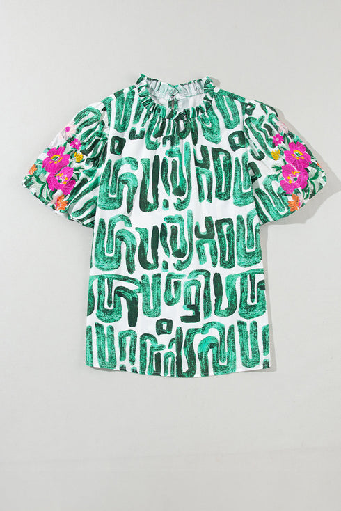 Embroidered Detail Puff Sleeve Frilled Neck Abstract Print Blouse