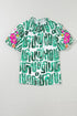 Embroidered Detail Puff Sleeve Frilled Neck Abstract Print Blouse