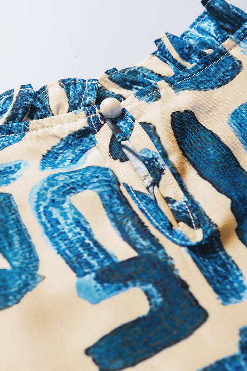 Embroidered Detail Puff Sleeve Frilled Neck Abstract Print Blouse