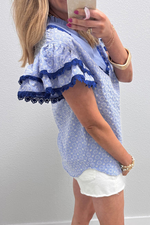 Embroidered Eyelet Floral Texture Rick Rack Ruffle Sleeve Blouse