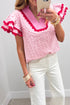 Embroidered Eyelet Floral Texture Rick Rack Ruffle Sleeve Blouse
