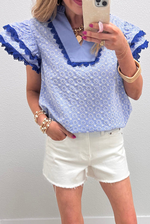 Embroidered Eyelet Floral Texture Rick Rack Ruffle Sleeve Blouse