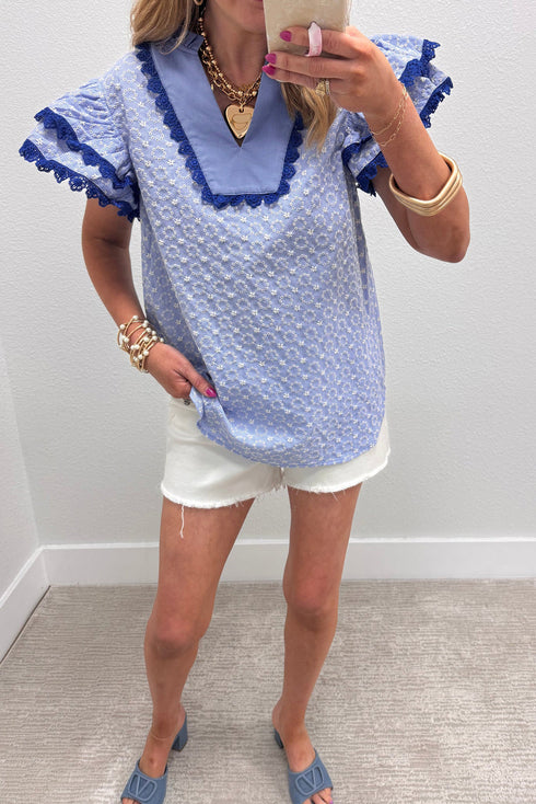 Embroidered Eyelet Floral Texture Rick Rack Ruffle Sleeve Blouse