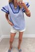 Embroidered Eyelet Floral Texture Rick Rack Ruffle Sleeve Blouse