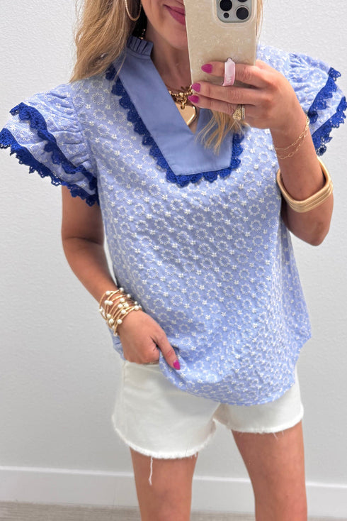 Embroidered Eyelet Floral Texture Rick Rack Ruffle Sleeve Blouse