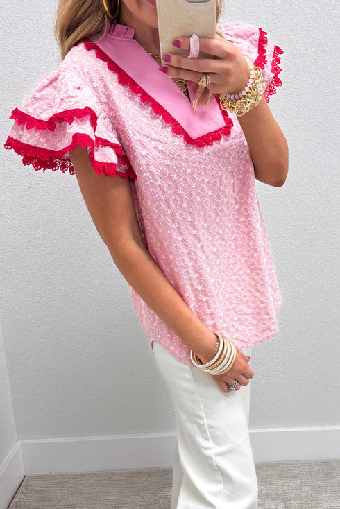 Embroidered Eyelet Floral Texture Rick Rack Ruffle Sleeve Blouse