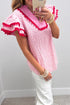 Embroidered Eyelet Floral Texture Rick Rack Ruffle Sleeve Blouse
