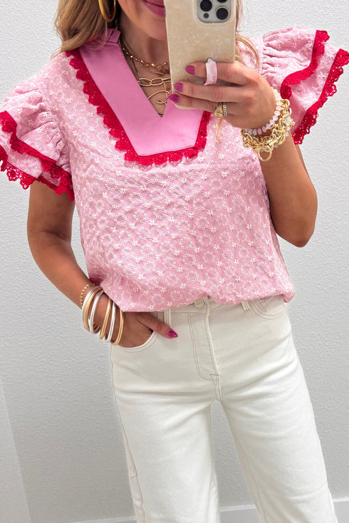 Embroidered Eyelet Floral Texture Rick Rack Ruffle Sleeve Blouse