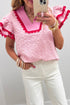 Embroidered Eyelet Floral Texture Rick Rack Ruffle Sleeve Blouse