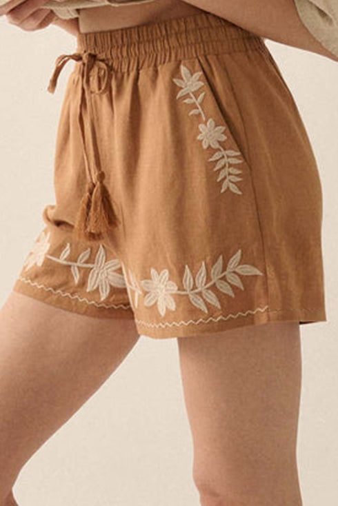 Embroidered Floral Bohemian Tassel Elastic Waist Casual Shorts