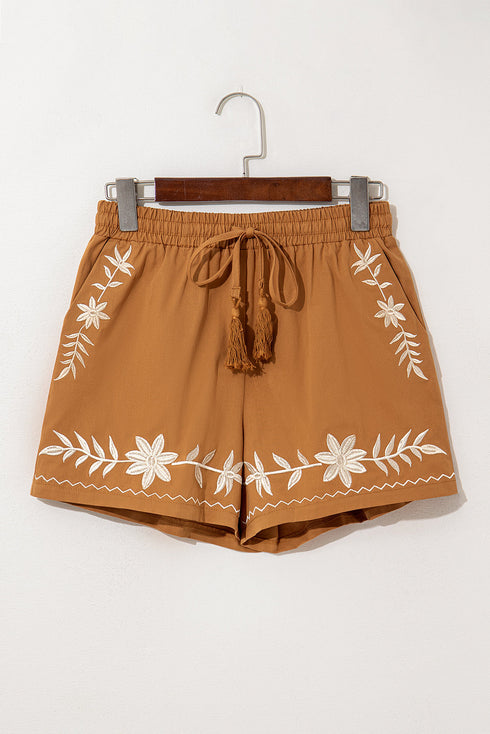Embroidered Floral Bohemian Tassel Elastic Waist Casual Shorts