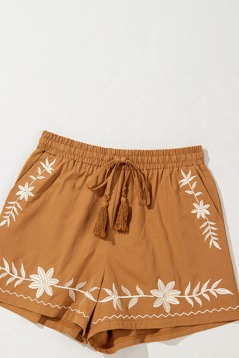 Embroidered Floral Bohemian Tassel Elastic Waist Casual Shorts