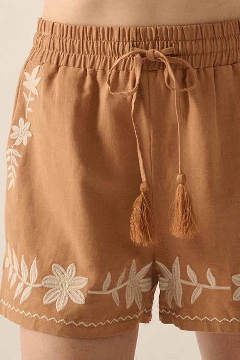 Embroidered Floral Bohemian Tassel Elastic Waist Casual Shorts