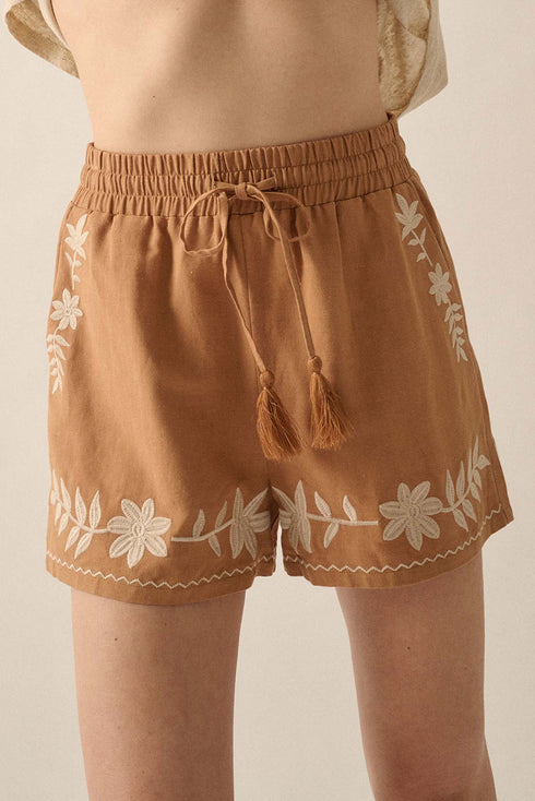Embroidered Floral Bohemian Tassel Elastic Waist Casual Shorts
