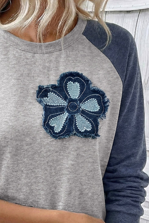 Embroidered Floral Patch Graphic Raglan Long Sleeve Top