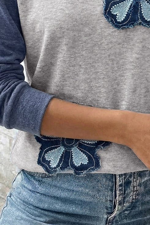 Embroidered Floral Patch Graphic Raglan Long Sleeve Top