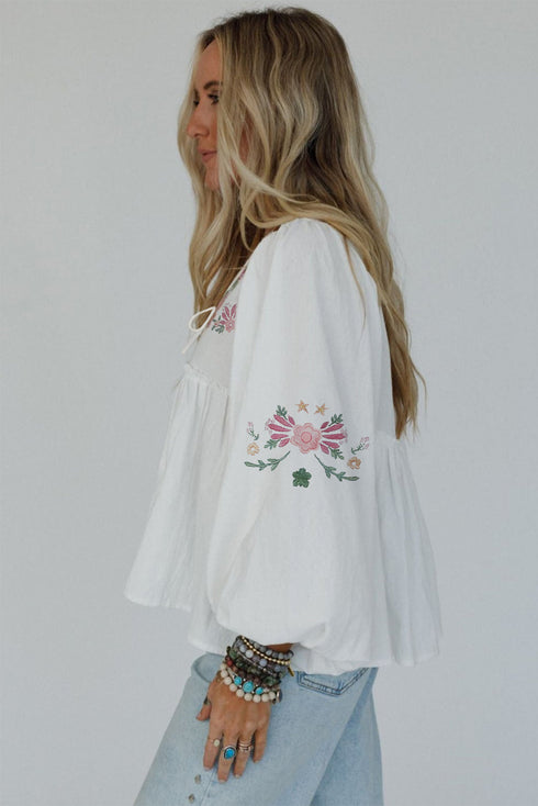 Embroidered Floral Peasant Babydoll Tassel Tie Blouse Top